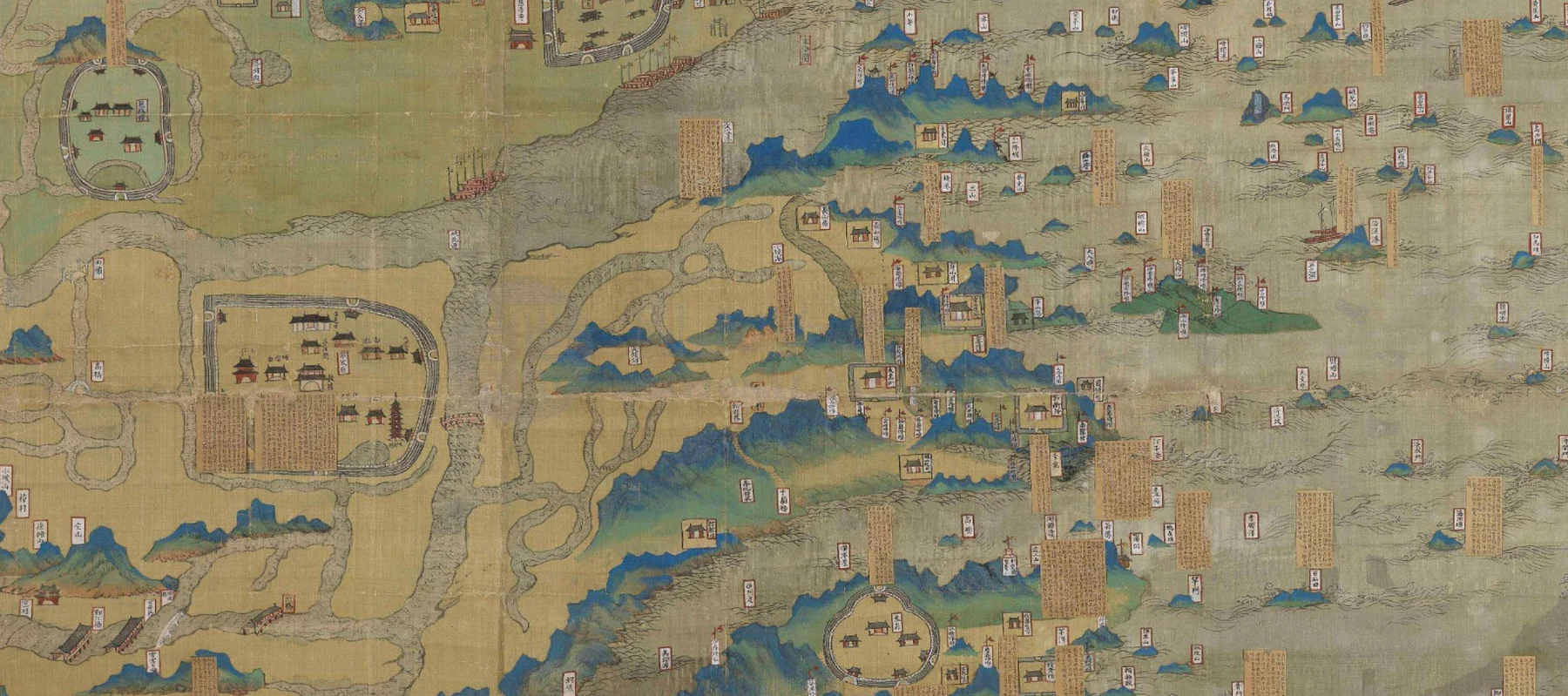 Historical landscape painting depicting buildings and mountain scenery